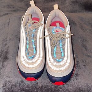 Nike Air Max 97 with Beige, Blue, and Red Accents